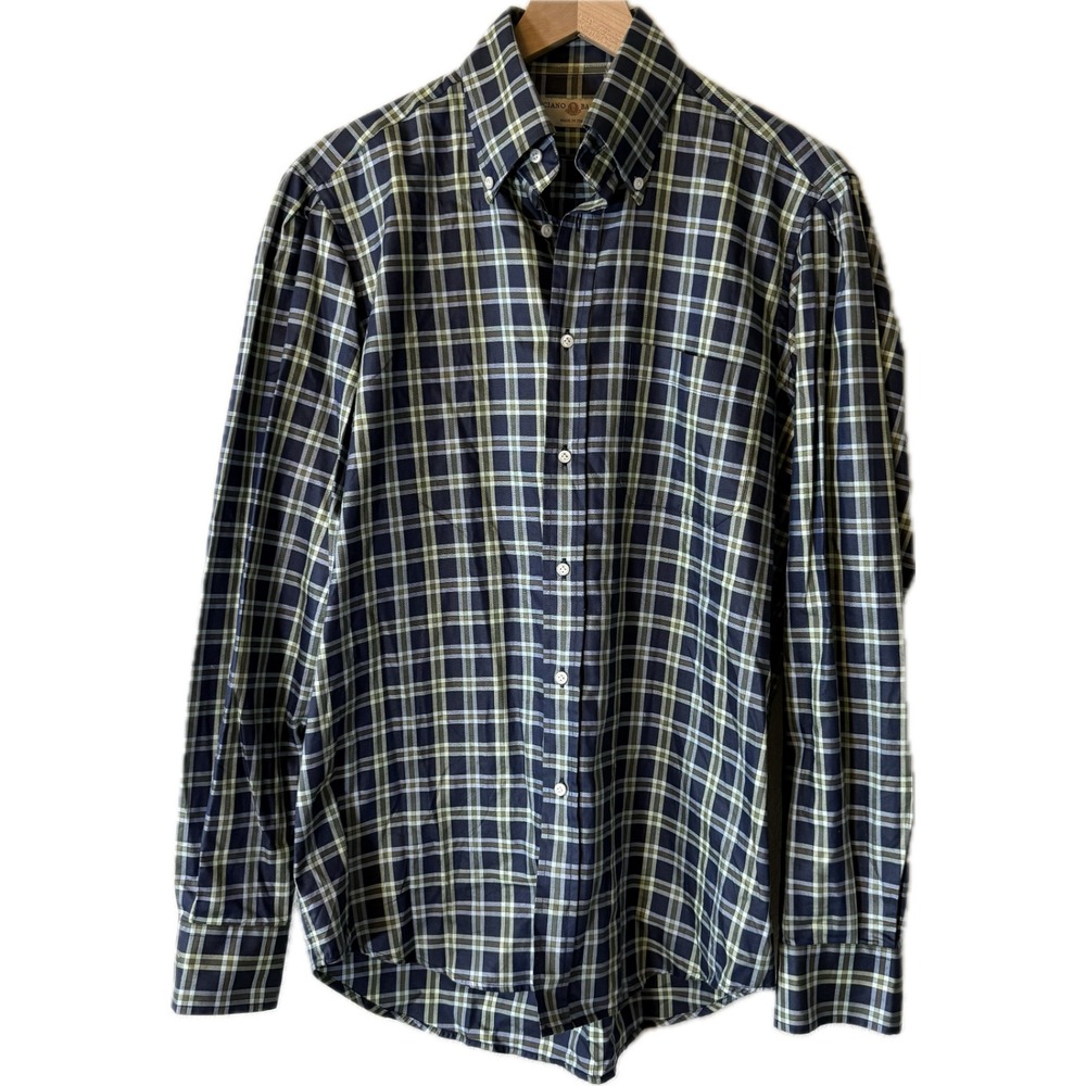 Luciano Barbera Mens Blue Italian Plaid Button Down Shirt LS Size 15.5 39